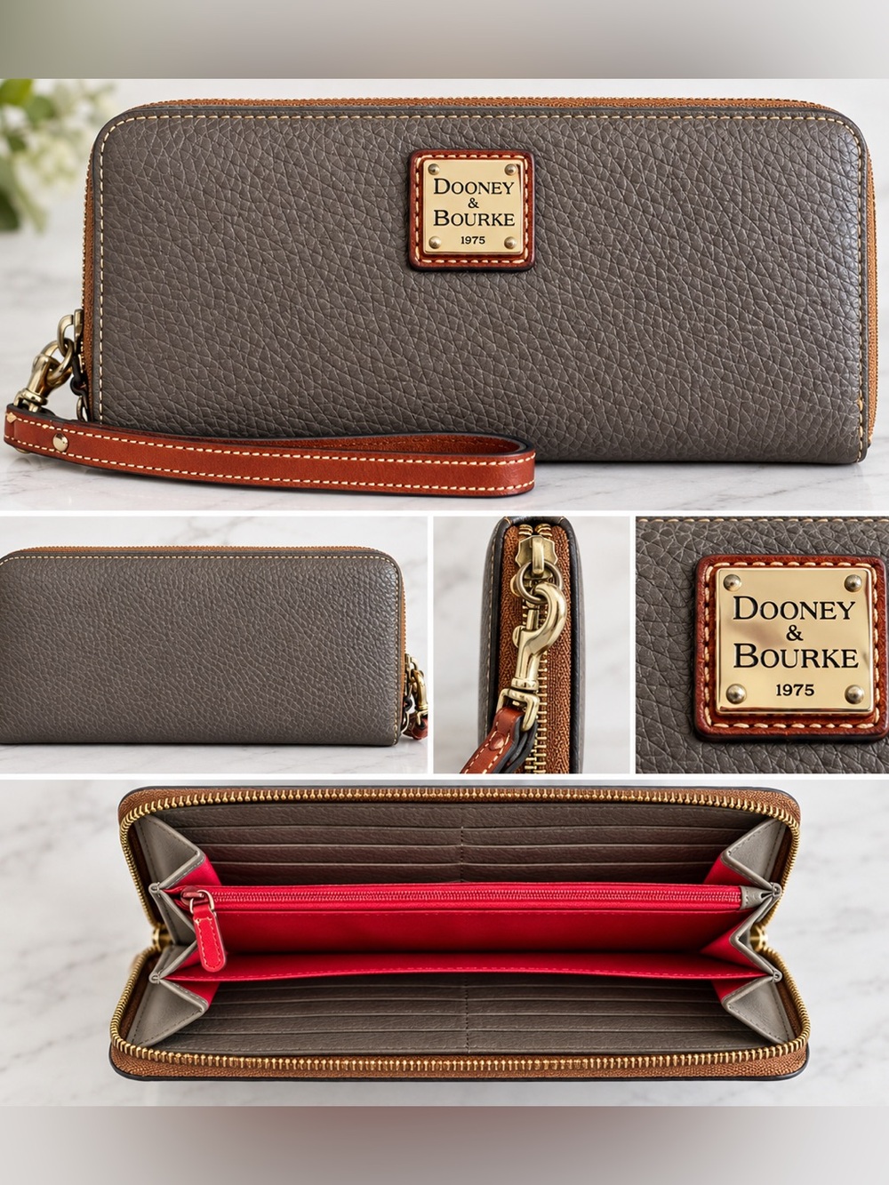 Dooney & Bourke Pebble Grain Leather Zip Around Wristlet Wallet Gray/Taupe